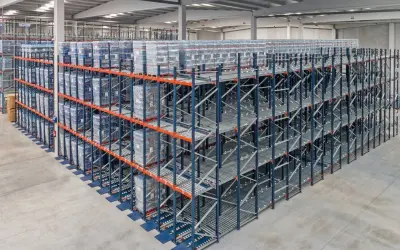 Duże regały magazynowe z towarami ułożonymi zgodnie z zasadą fifo. Towary na rolkach, gotowe do wysyłki.