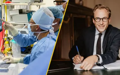 Chirurdzy analizują obraz medyczny, podczas gdy biznesmen w garniturze pisze. To pokazuje, jak rokowania co to, czyli prognozy, są ważne w medycynie i biznesie.