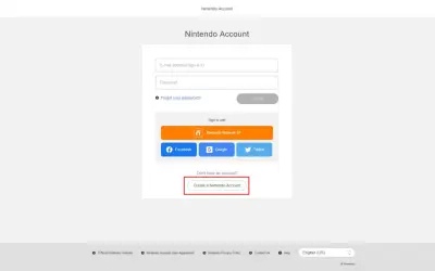 Strona logowania Nintendo. Kliknij "Create a Nintendo Account", aby dowiedzieć się, jak założyć konto na Nintendo Switch.