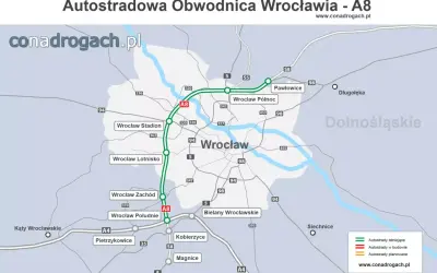 Mapa Autostradowej Obwodnicy Wrocławia - A8, pokazująca istniejące i planowane odcinki dróg wokół miasta.