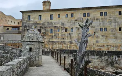 Camino de piedra hacia la fortaleza de Baiona, con una garita y un árbol seco.