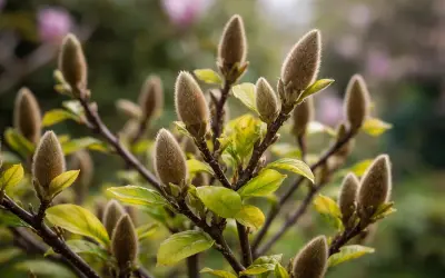 Pąki magnolii na gałęziach, gotowe do rozkwitu. Idealne stanowisko dla tej rośliny to słoneczne i osłonięte miejsce.