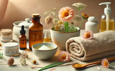 Olio di paraffina a cosa serve? In questa scena rilassante, ingredienti naturali come aloe e calendula si uniscono a oli per la cura della pelle.