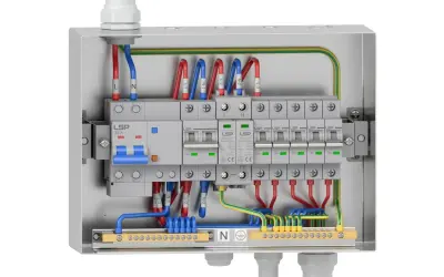 W skrzynce elektrycznej widać łączenie bednarki z przewodem, bezpieczniki i okablowanie.