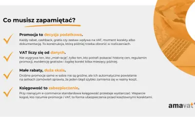 Co musisz zapamiętać? Promocja to decyzja podatkowa, VAT liczy się od danych, małe rabaty, duża skala. Księgowość to zabezpieczenie. Idealne dla b2c.
