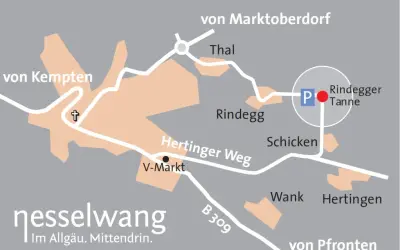 Karte von Nesselwang mit Orten wie Thal, Rindegg, Hertingen und dem besinnungsweg Nesselwang.