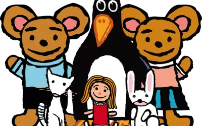 En glad grupp figurer från ett pino barnprogram: två björnar, en pingvin, en flicka, en vit katt och en vit kanin.