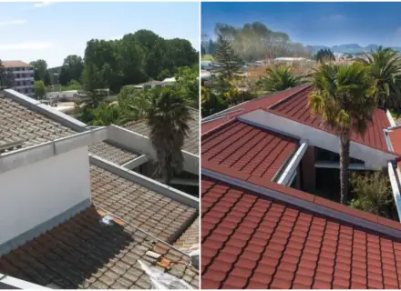 Porównanie starych, zniszczonych dachówek z nowymi, czerwonymi. Zastanawiasz się, ile kosztuje remont dachu?