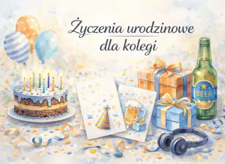Mądre życzenia urodzinowe dla kolegi: tort, balony, prezenty, piwo i słuchawki.