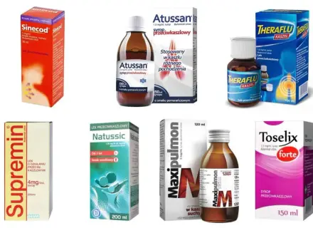 Szukasz co na suchy kaszel u dziecka? Na zdjęciu syropy: Sinecod, Atussan, Theraflu, Supremin, Natussic, Maxipulmon, Toselix.