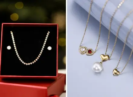 Biżuteria na prezent: naszyjnik z cyrkoniami i kolczyki w pudełku, naszyjniki z sercami i perłą. Idealne na galentines co to za okazja?