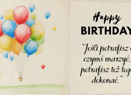Balony unoszą się w powietrzu, towarzysząc życzeniom "Happy Birthday". Cytaty na urodziny przypominają, że marzenia się spełniają.
