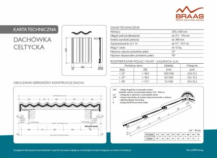 Karta techniczna dachówki celtyckiej z wymiarami, zaleceniami pochylenia połaci i rozstawem łat.