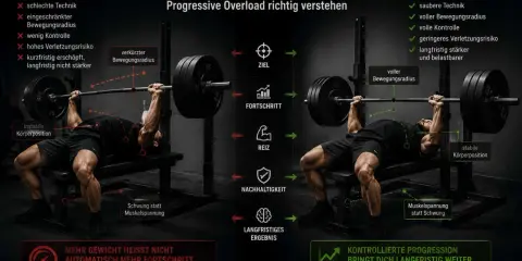 Vergleich von Training: links mit schlechter Technik und instabiler Position für kurzfristige Erfolge, rechts mit voller Kontrolle und sauberer Ausführung für effektiven Muskelaufbau.