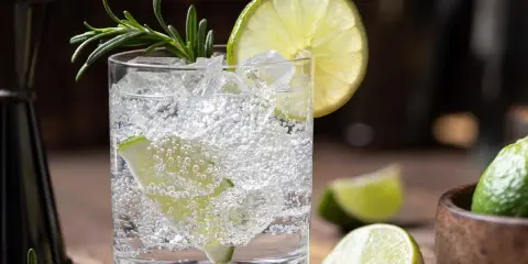 Erfrischende Gin Tonic Mischung mit Eis, Limettenscheiben und Rosmarin garniert.