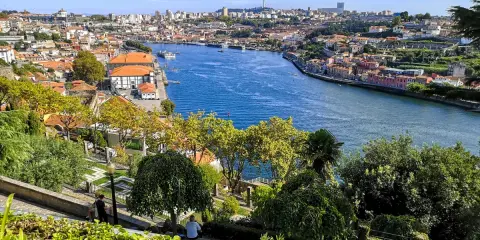 Widok na rzekę Douro i malownicze **Porto i okolice**. W oddali widać miasto z charakterystyczną architekturą, a na pierwszym planie zielony park z odpoczywającymi ludźmi.