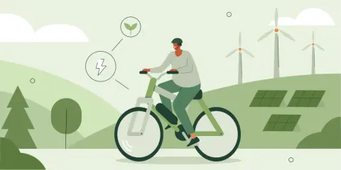 Mężczyzna na rowerze elektrycznym, symbolizującym ekologiczne podróże i duży zasięg. W tle farmy wiatrowe i panele słoneczne.