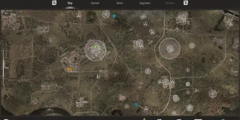 Mapa gry S.T.A.L.K.E.R. z widocznymi ikonami zadań i lokacji. Widać fragmenty budynków, dróg i terenów zielonych, sugerujące zniszczony świat, czyli martwe pole.