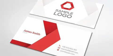 Dwie wizytówki z nowoczesnym, czerwono-białym wzorem. Jedna zawiera logo i napis "SAMPLE LOGO", druga dane kontaktowe i nazwisko "James Smith CEO". Idealny papier do wizytówek.
