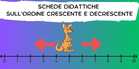 Schede didattiche per la classe prima sull'ordine crescente e decrescente. Un canguro salta su una linea dei numeri da 0 a 10.