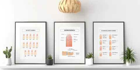 Ilustracje omawiające budowę paznokcia, jego kształty i zmiany.