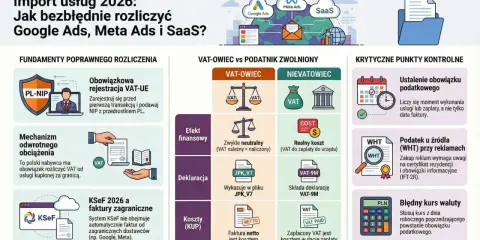 Import usług 2026: Rozlicz Google Ads, Meta Ads i SaaS. Obowiązkowa rejestracja VAT-UE, mechanizm odwrotnego obciążenia, KSeF. Kluczowe punkty: ustalenie obowiązku, WHT, kurs waluty.