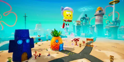 SpongeBob wesoło lata nad Bikini Dolnym, gotowy do kolejnych przygód w spongebob gry online.
