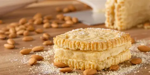 Trois biscuits joconde empilés, saupoudrés de sucre glace, entourés d'amandes sur une planche en bois.