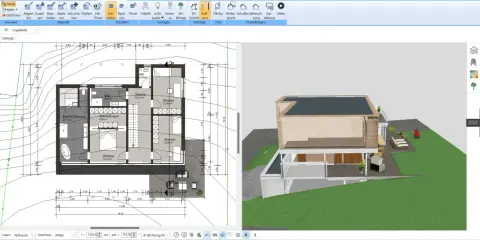 Grundriss und 3D-Ansicht eines modernen Hauses, das Dach wird gezeichnet.