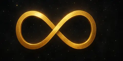 Un simbolo dorato dell'otto infinito brilla su uno sfondo scuro costellato di piccole luci scintillanti, evocando un senso di eternità.
