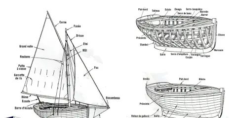 Schéma détaillé du vocabulaire d'un voilier, montrant les différentes parties de la coque et des voiles.
