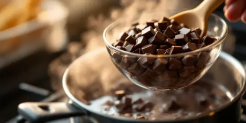 Chocolat en morceaux dans un bol au-dessus d'une casserole d'eau frémissante pour un bain-marie. Le chocolat est sur le point de fondre, prêt à être utilisé pour une recette.