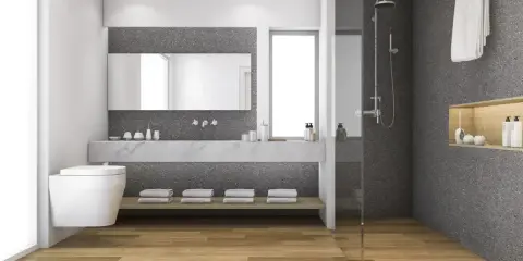 Modernes Bad mit Holzboden und Dusche. Eine tolle alternative zu fliesen im bad, die für Wärme und Stil sorgt.