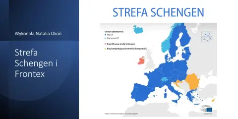 Mapa Europy z zaznaczonymi krajami strefy Schengen, UE i krajami kandydującymi.