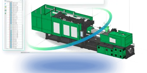 Macchina per stampaggio a iniezione in fase di progettazione, con interfaccia di modellazione parametrica che mostra le opzioni di modifica della forma.