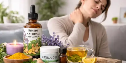 Donna con dolore al collo, circondata da rimedi naturali per il prurito al collo e rossore, tra cui arnica, zenzero e tisana.