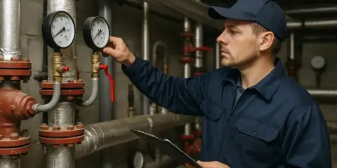 Technik sprawdza ciśnienie na manometrach w kotłowni, przygotowując blok do okresu grzewczego.