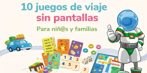 Astronauta sonriente anima a disfrutar de juegos caseros para viajar en familia sin pantallas. ¡Diversión garantizada!