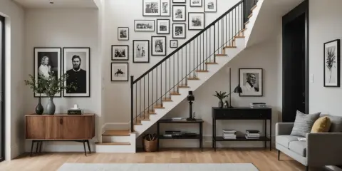 Galeria czarno-białych zdjęć na ścianie przy schodach tworzy elegancką opowieść wizualną.