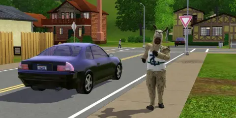 Sim w stroju lamy na ulicy, jakby właśnie wysiadł z samochodu, gotowy na przygody w The Sims 2 na studiach.