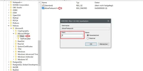 Registrierungs-Editor zeigt, wie man Microsoft Edge deaktivieren kann, indem man den Wert "AllowPrelaunch" auf 0 setzt.