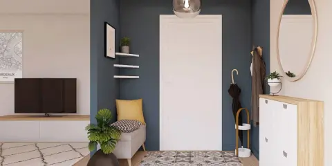 Ingresso moderno con panca, specchio rotondo e scarpiera. Idee particolari per un'accoglienza funzionale e di stile.