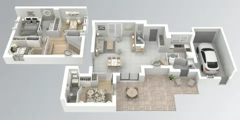 Exemple plan maison 3D : vue éclatée montrant plusieurs chambres, salon, salle à manger, cuisine, salle de bain et garage avec une voiture.