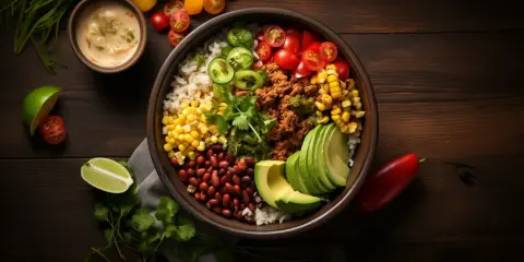 Kolorowy burrito bowl z ryżem, fasolą, kukurydzą, mięsem mielonym, awokado, pomidorkami i jalapeno.