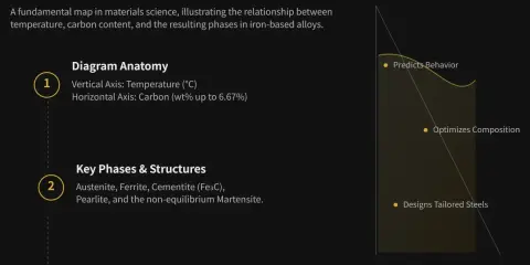 Diagramma ferro-carbonio: mappa fondamentale per la scienza dei materiali, illustra temperature, carbonio e fasi risultanti. Guida il trattamento termico per acciai su misura.