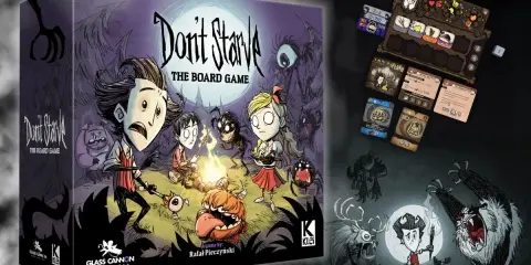 Pudełko gry planszowej "Don't Starve: The Board Game" z postaciami i potworami. Obok plansza gracza i karty.