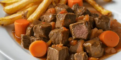 Tierna ternera en salsa con patatas fritas y zanahorias. Un plato reconfortante y delicioso.