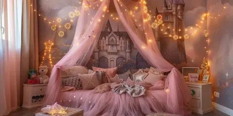 Lit de princesse féerique avec baldaquin rose, guirlandes lumineuses et château en arrière-plan. Une belle idée déco lit cabane pour un rêve enchanté.