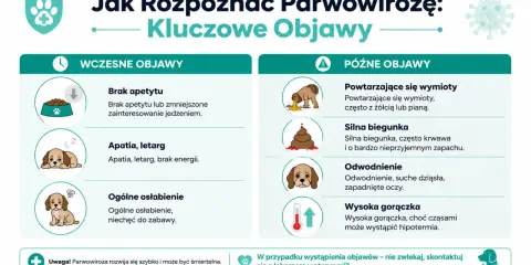 Objawy parwowirozy u psa: brak apetytu, apatia, wymioty, biegunka, odwodnienie, gorączka. Szybka reakcja jest kluczowa.