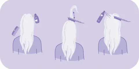 Ilustracja pokazuje kroki do tapirowania włosów: spryskanie, podniesienie pasma grzebieniem i delikatne cofanie, a następnie ponowne spryskanie.